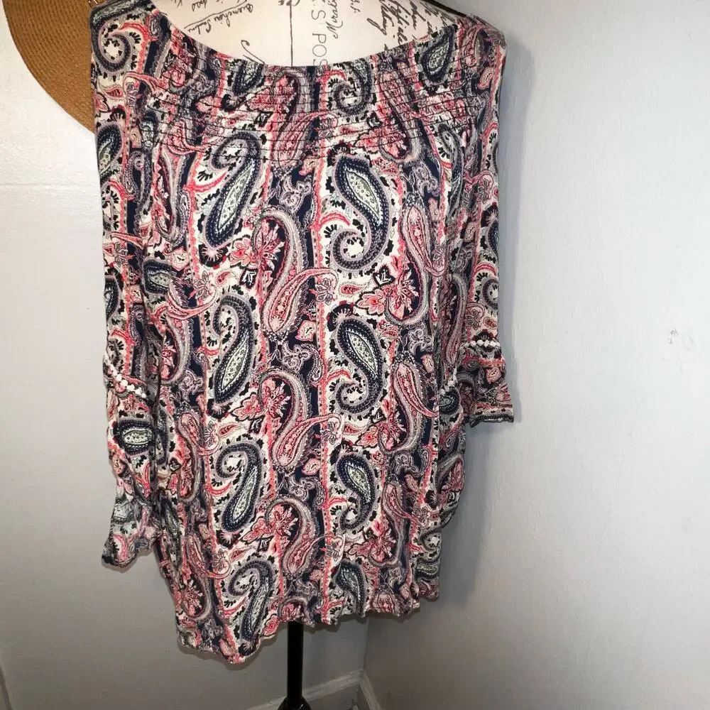 Westport 1962 XL Paisley smock neckline 3/4 crochet beaded flare sleeves tunic‎